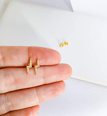 Altitude Boutique Cubic Zirconia Lightning Bolt Earrings | CZ Gold Stud Earrings for Women | Hypoallergenic Geometric Punk Earrings - color: Gold