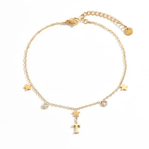 Initial Anklet for Women, 18K Gold Plated Waterproof Ankle Bracelet, Star CZ Letter A-Z Personalized Beach Foot Jewelry - color: T