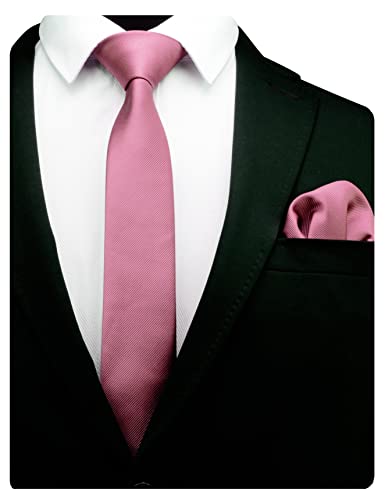 GUSLESON 2.4" Slim Necktie and Handkerchief Set For Men Solid Skinny Tie Set - color: Dusty Rose