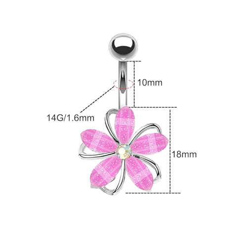 VERAMI 14G 316L Flower Belly Button Ring Surgical Steel Cute Flower Belly Button Ring Body Piercing Jewelry - color: Pink flower