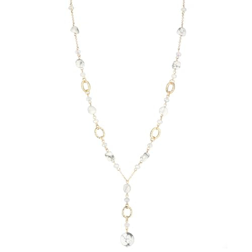 FULU AUTUMN Long Gold Beaded Necklaces for Women Natural Stone Bead Statement Pendant Necklace Y Sweater Chain Fashion Jewelry Gifts - color: White