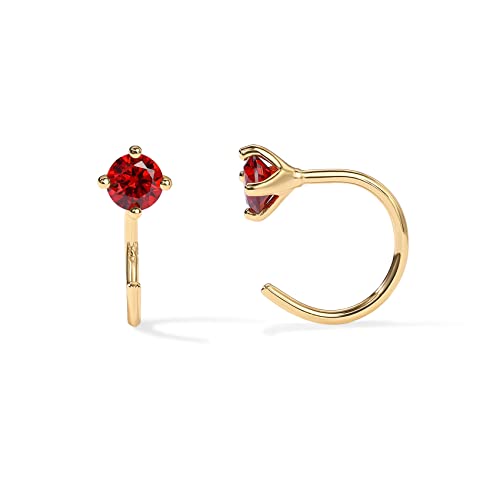 PAVOI 14K Gold 925 Sterling Silver Huggie Half Hoop Earrings for Women | Tiny Boho Colored Cartilage Earring | Blue, Green, Amethyst, Garnet, Black CZ, Turquoise, Opal, Pearl - style: Garnet