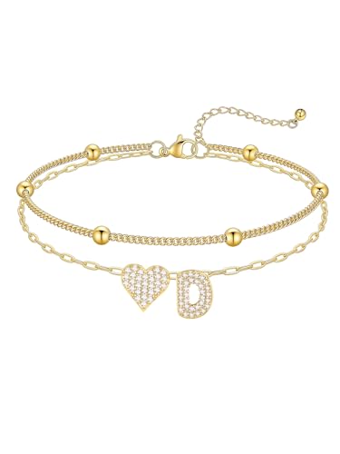 KeyStyle Heart Initial Ankle Bracelets for Women, Layered CZ A-Z Letter | 14K Gold Plated or Silver Stainless Steel Anklet, Hypoallergenic Waterproof Layered Jewelry for Daily Wear & Special Gifts - color: Gold-D