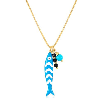 YUJIE Dainty Fish Pendant Necklace for Women 14k Gold Plated Ocean Fish Charm Necklace Summer - color: blue fish