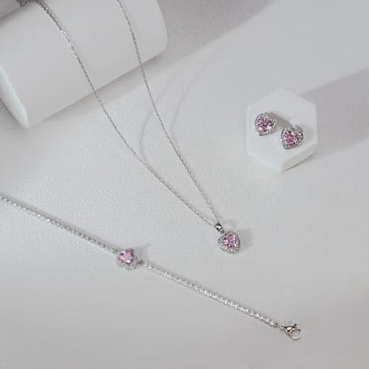 Cubic Zirconia LOVE Heart Jewelry Set Earrings Necklace Bracelet Set for Women Prom Wedding Party Anniversary Birthday - color: pink