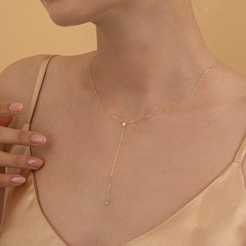 Lariat Gold Necklace for Women Dainty Long 14K Gold Plated Y-Shaped Body Chain Choker Necklace Trendy Non Tarnish Pendant Simple Layered Necklaces Gold Jewelry for Women Set Gift - color: CZ Penddant