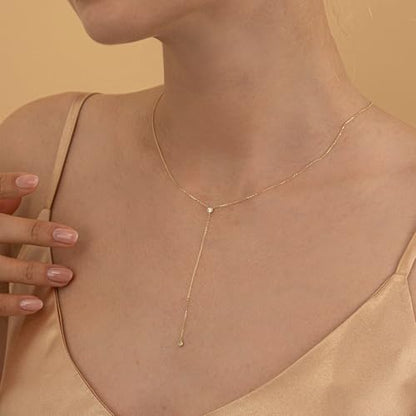 Lariat Gold Necklace for Women Dainty Long 14K Gold Plated Y-Shaped Body Chain Choker Necklace Trendy Non Tarnish Pendant Simple Layered Necklaces Gold Jewelry for Women Set Gift - color: CZ Penddant