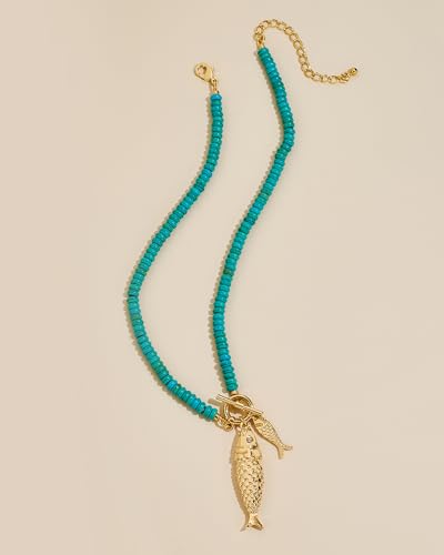 Chunky Gold Fish Pendant Necklace For Women Long Silk Scarf Turquoise Strand Necklace With Fish Pendants Boho Beach Shell Statement Necklaces - style: Turquoise Strand