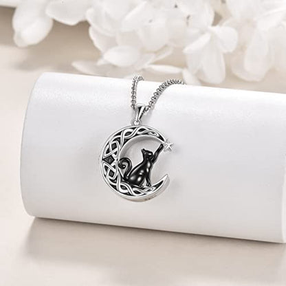 925 Sterling Silver Moon Black Cat Necklace for Women Cat Jewelry - style: E-Moon Black Cat Urn Necklace