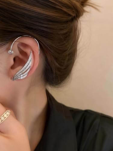 2Pcs Rhinestone Ear Cuff Earrings for Women Angel Wing No Piercing Earrings Shiny Wings Fake Earrings Vintage Cartilage Ear Clip On Wrap Crawler Climber Earrings Jewelry for Women