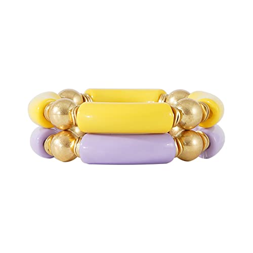 LALAPPLE Gold Plated Beaded Acrylic Bamboo Tube Bangle Bracelets for Women, Colorful Chunky Curved Tube With Gold Plated Pieces Beads Stretch Bracelet Friendship Summer Beach Jewelry - color: V-Yellow&Light purple 2pcs