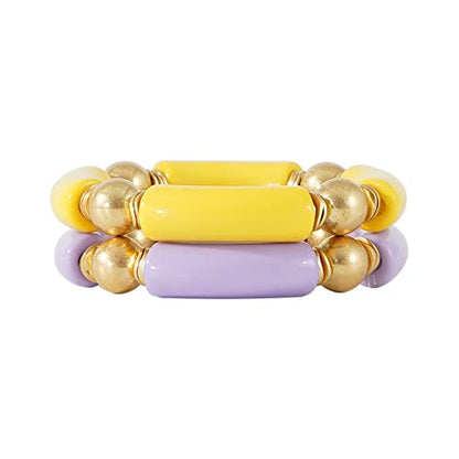 LALAPPLE Gold Plated Beaded Acrylic Bamboo Tube Bangle Bracelets for Women, Colorful Chunky Curved Tube With Gold Plated Pieces Beads Stretch Bracelet Friendship Summer Beach Jewelry - color: V-Yellow&Light purple 2pcs