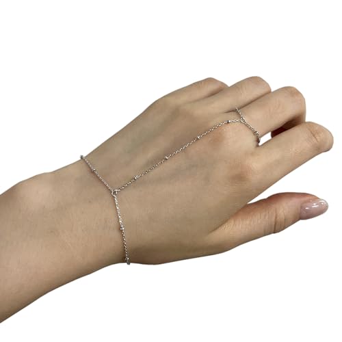 Kakikaki 925 Sterling Silver Finger Ring Bracelet Hand Chain for Women | Slave Bracelets 7" to 9" Adjustable - color: Silver, style: Satellite Chain