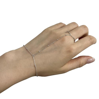 Kakikaki 925 Sterling Silver Finger Ring Bracelet Hand Chain for Women | Slave Bracelets 7" to 9" Adjustable - color: Silver, style: Satellite Chain