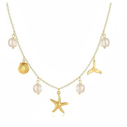 Gold-plating Necklaces for Women, Pearl Seashell Flower Pendant Necklace, Boho Lariat Long Necklace Set, Trendy Summer Beach Jewelry - color: Gold 2