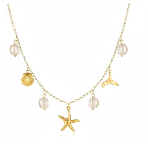 Gold-plating Necklaces for Women, Pearl Seashell Flower Pendant Necklace, Boho Lariat Long Necklace Set, Trendy Summer Beach Jewelry - color: Gold 2