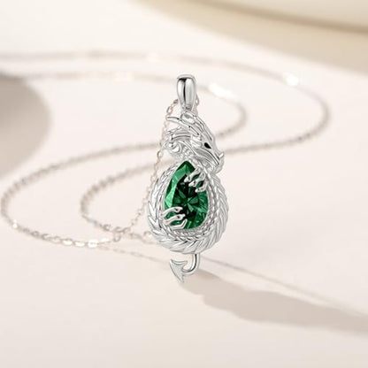 Dragon Necklace Sterling Silver Wyvern Pendant Jewelry with Teardrop Birthstone Gifs for Women - style: Dragon necklace-Emerald stone