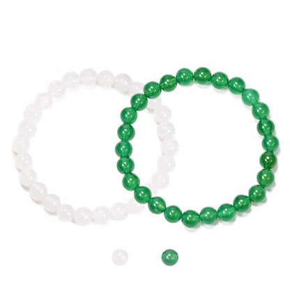 2PCS Agate Bracelet for Women Men Natural Round Beaded Agates Stone Healing Stretch Bracelets Elastic Handmade Polished Gemstone Beads Bracelet - color: White+Green, size: 8mm Beads