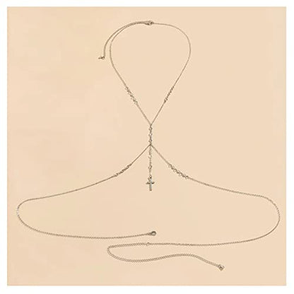 Summer Beach Crystal Cross Pendant Bra Body Chest Chain Rhinestone Long Tassel Waist Body Chain Necklace Sexy Crystal Belly Chain Jewelry for Women - color: Silver