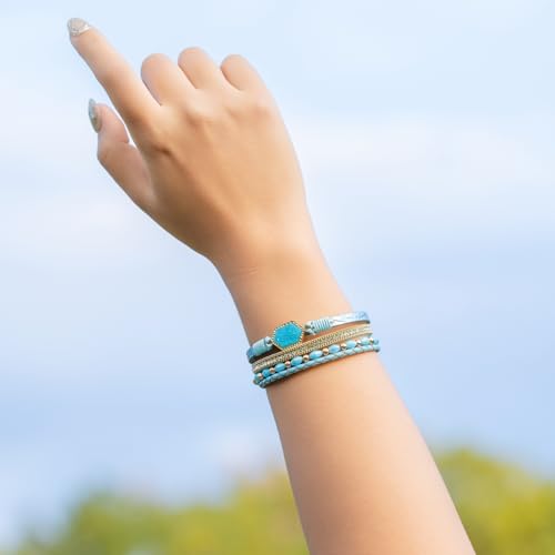 FANCY SHINY Crystal Beaded Leather Wrap Bracelet Stackable Boho Jewelry for Women Resin Stone Bangle Cuff with Magnetic Clasp - color: Teal