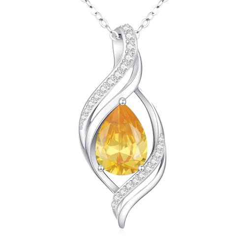 Birthstone Necklace for Women S925 Sterling Silver Teardrop | With Cubic Zirconia and Gemstones - Ideal Birthday Jewelry Gift for Her, Girlfriend, Wife, Mom on Birthday, Anniversary - color: 11 - Citrine