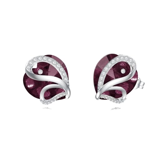 Butterfly Heart Birthstone Crystal Stud Earrings for Women S925 Sterling Silver Heart Birthstone Studs Birthday Gifts for Wife Mother Daughter Girlfriend Mom - color: 02-February