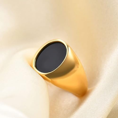 MYNENEY Stainless Steel Round Statement Pinky Signet Rings for Men Women - color: Gold+Black