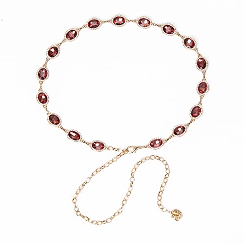 ILuvatar Green Glass Diamond Chain Belt - Metal Women's Western Style Dress Belt - color: Gold-wine Red