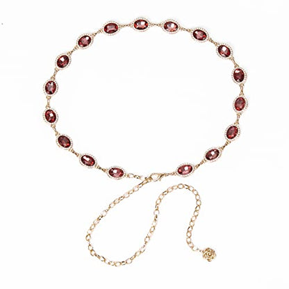 ILuvatar Green Glass Diamond Chain Belt - Metal Women's Western Style Dress Belt - color: Gold-wine Red