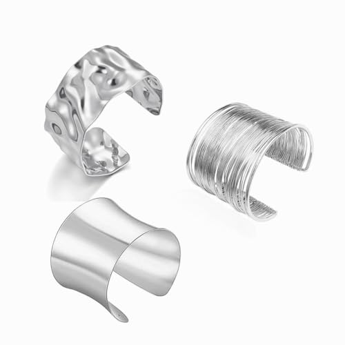 3PCS Gold Chunky Cuff Bracelets for Women Irregular Minimalist Statement Bangle Bracelets Set Open Wide Bangle Arm Cuff Upper Arm Punk Jewelry - color: 3PCS Silver Cuff Bracelets