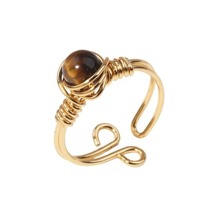 Chakra Crystal Ring Adjustable Gemstone Rings Wire Wrapped Irregular Crystal Ring Gemstone Carnelian Rose Quartz Amethyst Evil Eye Tiger Eyes Crystal Ring for Women - color: Tiger Eye Stone