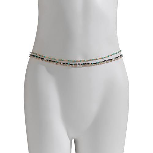 3Pcs/Set Boho Elastic Beads Waist Chains Jewelry Summer Beach Seed Beaded Belly Chain Jewelry Bikini Sexy Bead Waist Body Jewelry for Women - color: Blue