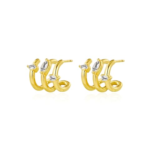 Gold Triple Hoop Illusion Stud Earrings, 14K Chunky Gold Plated Hoop Earrings Cuff Earrings for Women Trendy, Hypoallergenic Earrings Set Jewelry Gift - color: Triple hoop earrings-drop