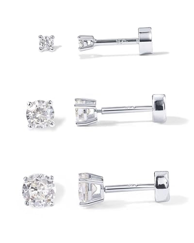 PAVOI 14K Gold Plated Solid 925 Sterling Silver Post Cubic Zirconia Stud Flat Back Earrings for Women | Cartilage Earring | Helix Piercing Jewelry | Small Stud Earrings for Women - color: White Gold, size: Set of 3 (2mm, 3mm & 4mm)