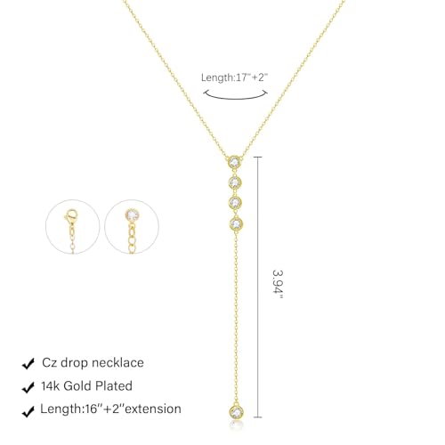 Luxval Lariat Gold Necklace for Women, Dainty Long Necklace 14k Gold Plated/Silver Y-Shaped Pendant Necklaces Trendy Beaded Chain Drop Necklaces Jewelry for Women Gifts - color: Gold-Four CZ Y Necklace