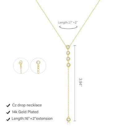 Luxval Lariat Gold Necklace for Women, Dainty Long Necklace 14k Gold Plated/Silver Y-Shaped Pendant Necklaces Trendy Beaded Chain Drop Necklaces Jewelry for Women Gifts - color: Gold-Four CZ Y Necklace