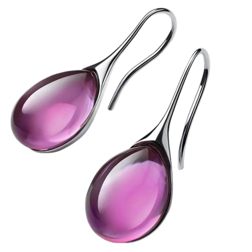 Silver Gold Plated Water Drop Style Crystal Stone Classic Plain Dangle Hoop Earrings - color: Silver Purple