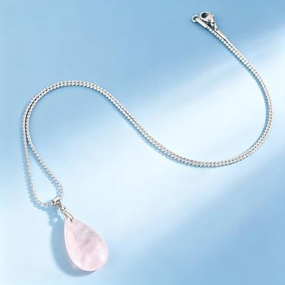 Natural Stone Teardrop Pendant Necklace, Birthstone Water Drop Gemstone Necklace with Stainless Steel Chain for Women - color: Rose Quartz
