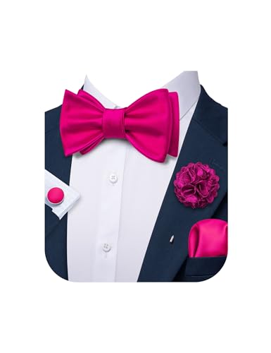 YOHOWA Bow Ties for Men Self-tied Silk Bowtie Solid Color with Lapel Pin and Handkerchief Cufflinks for Wedding Party Prom - color: Soild Hot Pink
