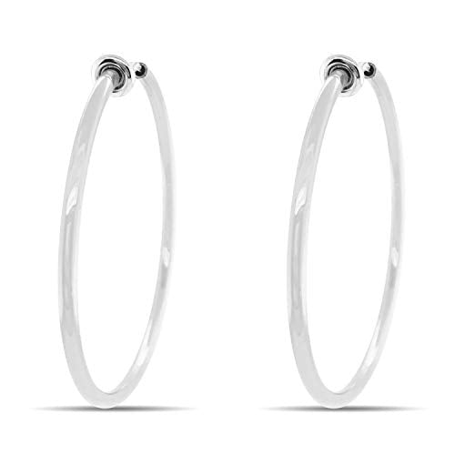 Clip On Spring Hoop Earrings for Non-Pierced Ears - color: Bright Silver-Tone, size: 40mm
