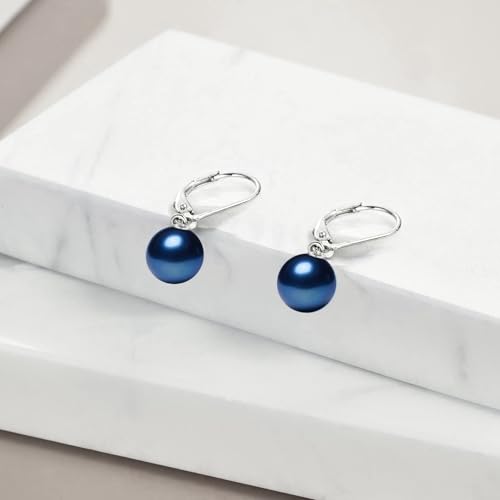 925 Sterling Silver Pearl Leverback Earrings Dangle Drop Jewelry Gifts for Women - style: Navy Blue Pearl