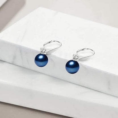 925 Sterling Silver Pearl Leverback Earrings Dangle Drop Jewelry Gifts for Women - style: Navy Blue Pearl