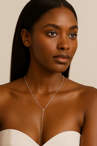 14K Gold Plated Y Necklace for Women – Dainty Lariat Long Pendant Chain, Layered Drop Necklace for V Neck Dress, Simple Sexy Cleavage Jewelry Gifts for Women - color: Silver - Single Layer - Bead