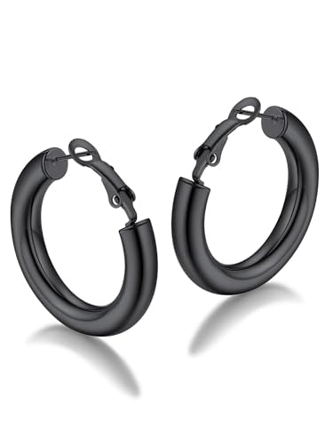 FaithHeart Silver/Black/Gold Stainless Steel Chunky Hoop Earrings for Women | Hypoallergenic Lightweight Hoop Earrings, Trendy Statement Thick Hoop, 20/30/40/50/60/70/80mm - color: Black, size: 30mm