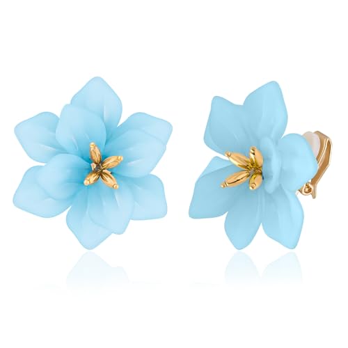 LAXPICOL Fashion Big Flower Clip On Earrings For Women Cute Lovely Acrylic Flower Earrings No piercing Earrings 2.36" - color: blue