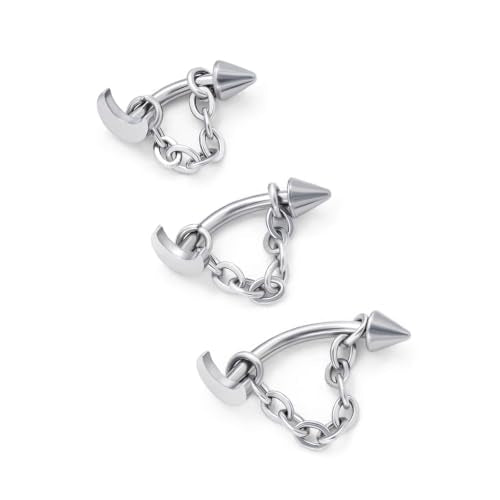3 Pcs 316L Stainless Steel 16G Tragus Helix Rook Piercing Jewelry with Chain, Cartilage Earrings for Women, Belly Button Ring Vertical Labret Lip Piercing Jewelry - color: Silver, size: Moon