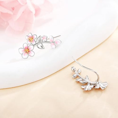 Ear Climbers Earrings for Women Sterling Silver Vintage Ear Crawler Earrings Jewelry Gifts for Women - style: Cherry Blossom