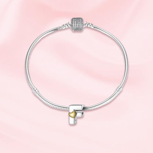 A~Z Alphabet Charm Letter Beads 925 Sterling Silver with Heart-shaped 5A Cubic Zircon Stones fits Pandora European Bracelets Necklace Jewelry Gift for Women - style: F Letter Charms