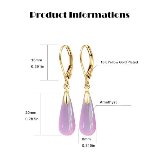 Natural Waterdrop Stone Drop Earrings,Yellow Gold Plated Real Genuine Teardrop Crystal Quartz Gemstone Dangle Earrings for Women Her - color: B03_Amethyst