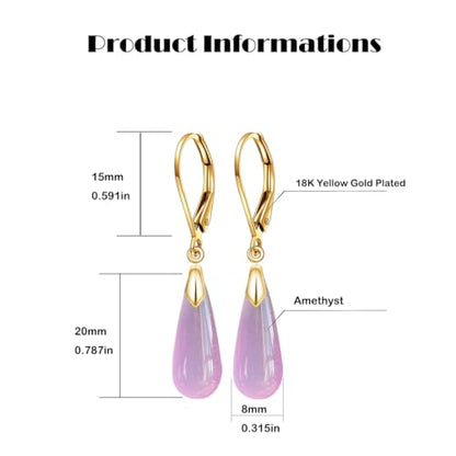 Natural Waterdrop Stone Drop Earrings,Yellow Gold Plated Real Genuine Teardrop Crystal Quartz Gemstone Dangle Earrings for Women Her - color: B03_Amethyst